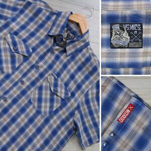 DIXXON Men's Large Blue Plaid 'Venice' Shirt Bamboo Limited Edition Button-Down